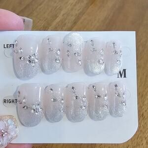 Clear Silver French with Cat Eye & Gems | Press on Nails - Handmade | Sz Medium